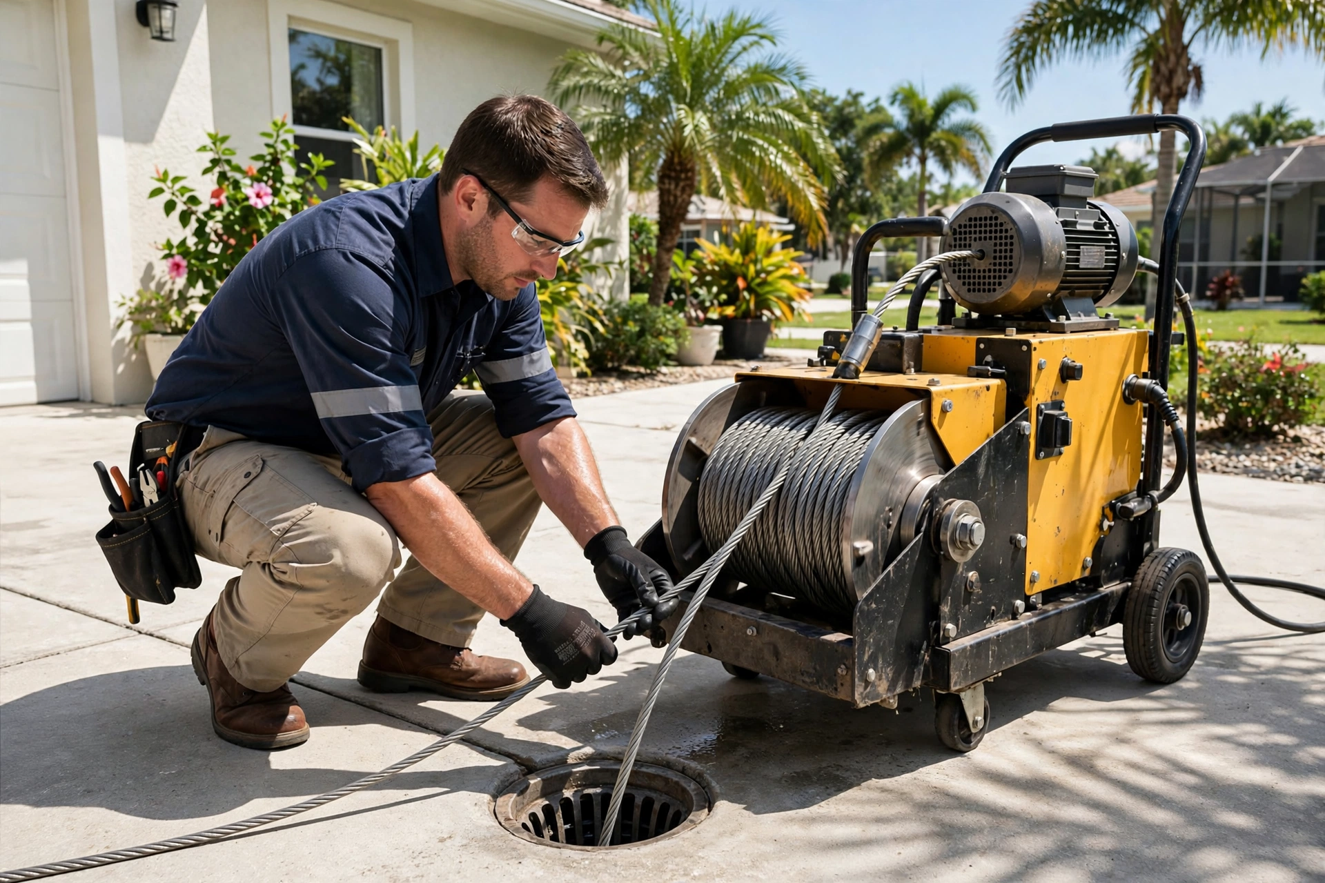 Drain cleaning machine clearing a clogged drain in Key West, FL
